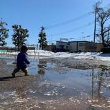 西原公園　2月　雪がたくさん降った翌日、雪遊びがしたくて公園へ行きました。雪解けの水たまりがウユニ塩湖みたいでした。息子がびちゃびちゃになりながら走っています。(匿名さん(市内在住)撮影)